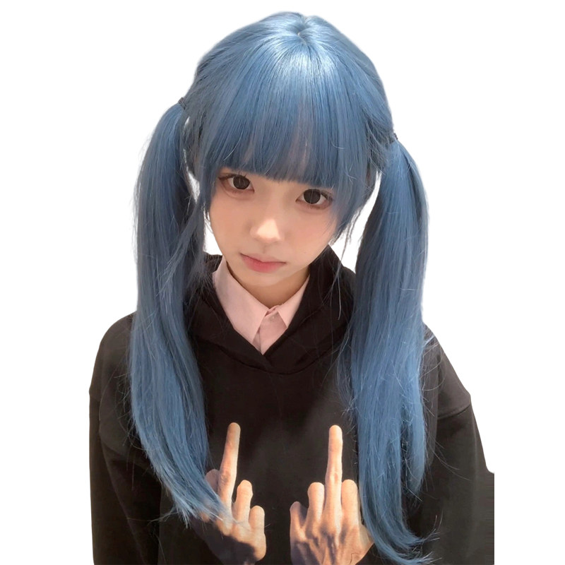 蓝灰色假发女长发新款齐刘海可爱减龄长直发网红lolita全头套式