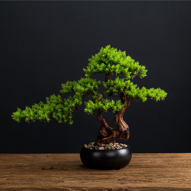 新中式仿真迎客松桌面摆件假松树绿植客厅创意装饰茶桌植物盆景