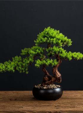 新中式仿真迎客松桌面摆件假松树绿植客厅创意装饰茶桌植物盆景