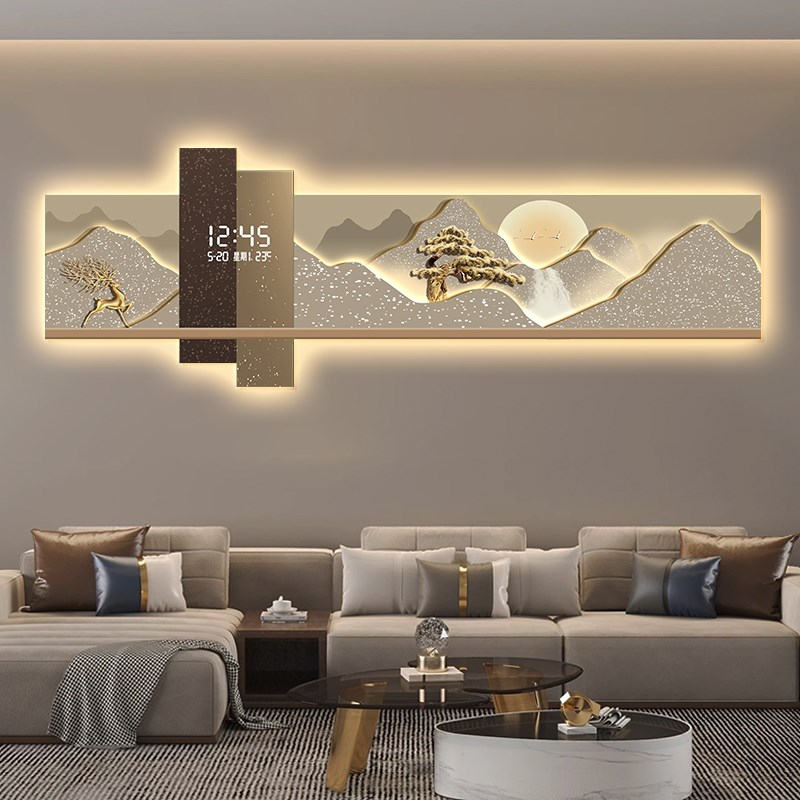 客厅背靠背装饰画,数字时钟,夜光壁灯,流水,财富,沙发背景墙,茶室