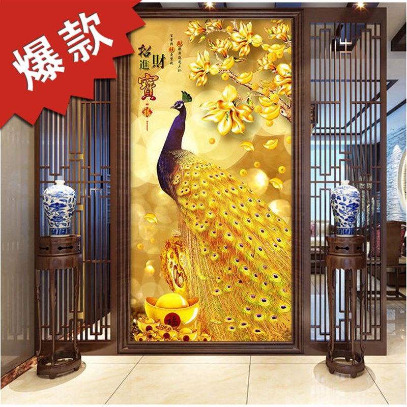孔雀装饰走廊过道墙布壁纸3d轻奢进门墙贴壁画8d入户玄关背景墙纸