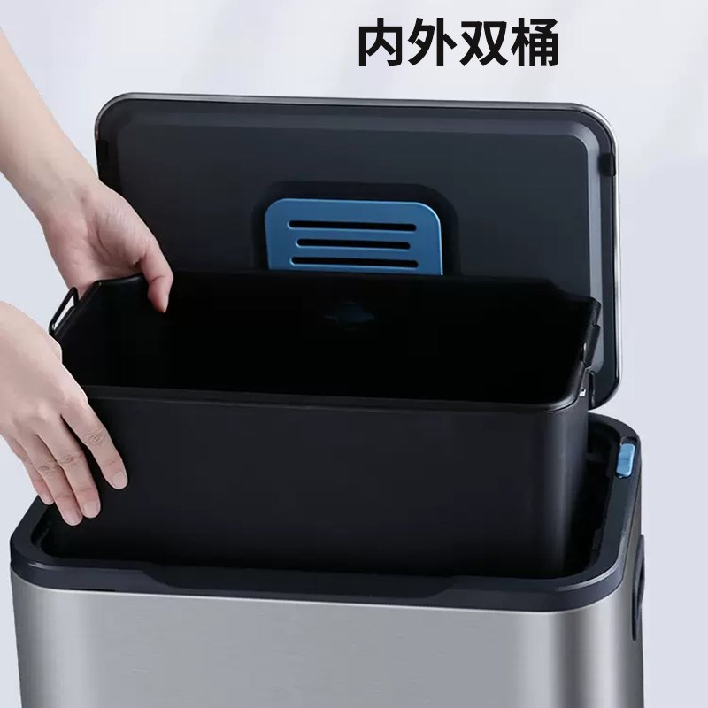 大号厨房商用不锈钢脚踩垃圾桶 静音缓降双层带内筒办公大堂脚踏