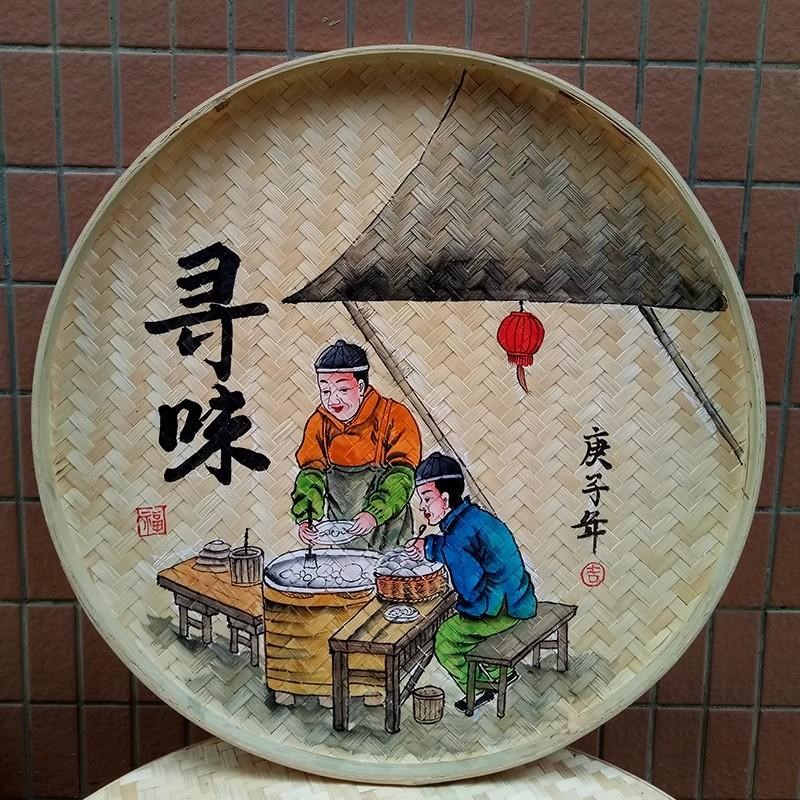 手工画簸箕画手工装饰田园茶庄饭店火锅店复古墙面装饰农家院挂件