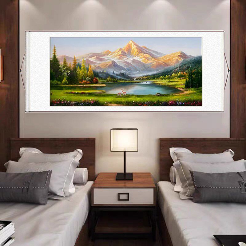 日照金山卷轴挂画横版卧室床头客厅山水画金山靠山图装饰画国画