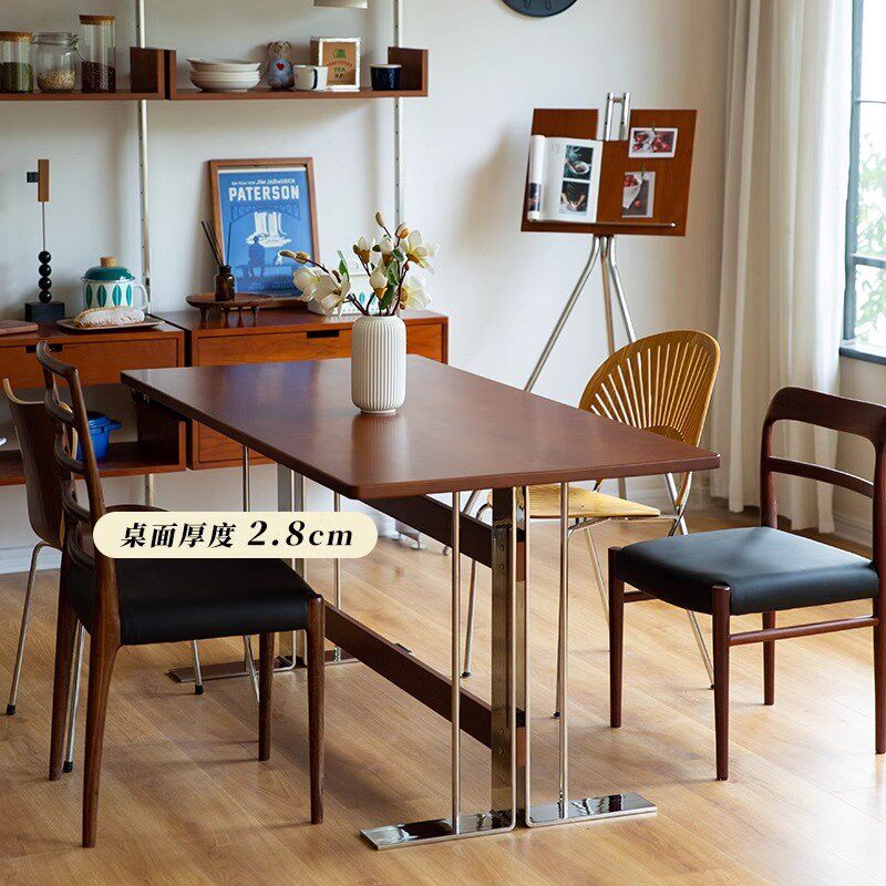 复古实木餐桌设计师中古桌子长方形餐桌椅组合家用不锈钢办公桌子