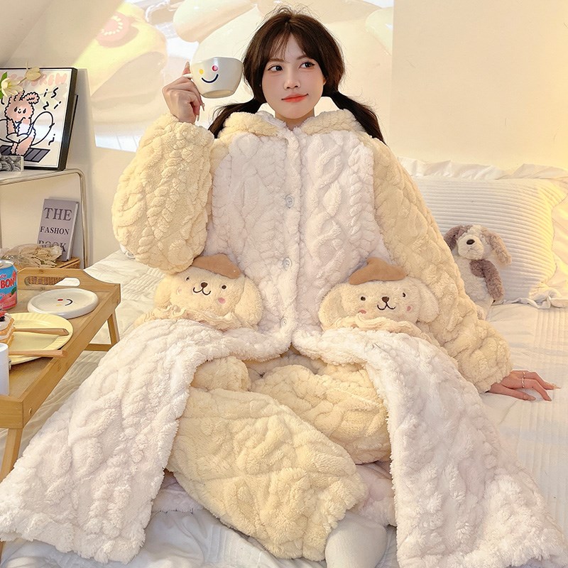 布丁狗珊瑚绒加厚加绒三层夹棉睡袍睡衣女款秋冬季家居服套装冬天