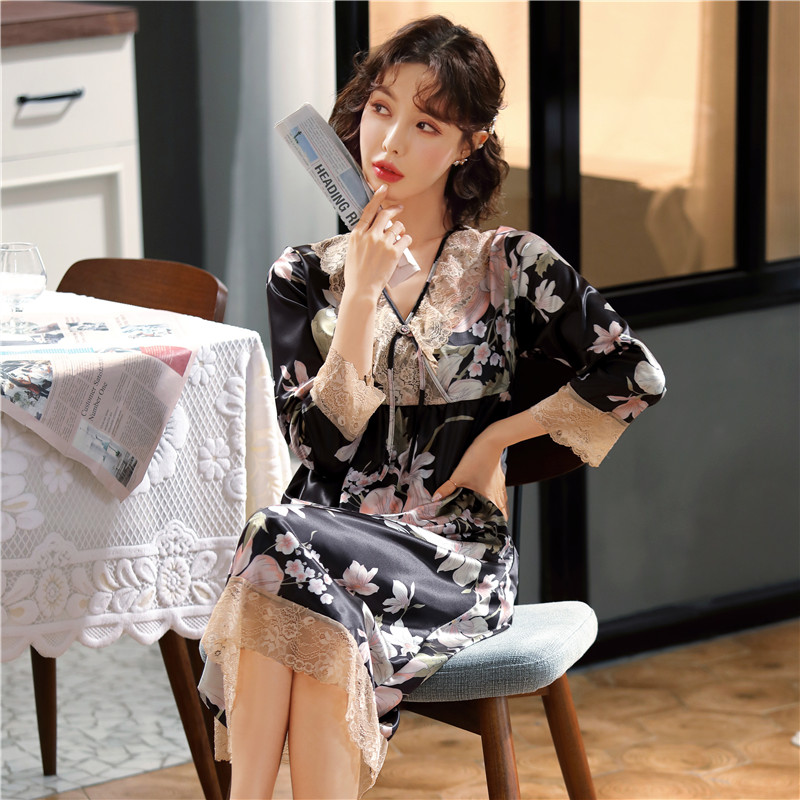 春秋季女真丝睡裙长袖蕾丝甜美丝绸睡衣宽松长款冰丝长裙家居服夏