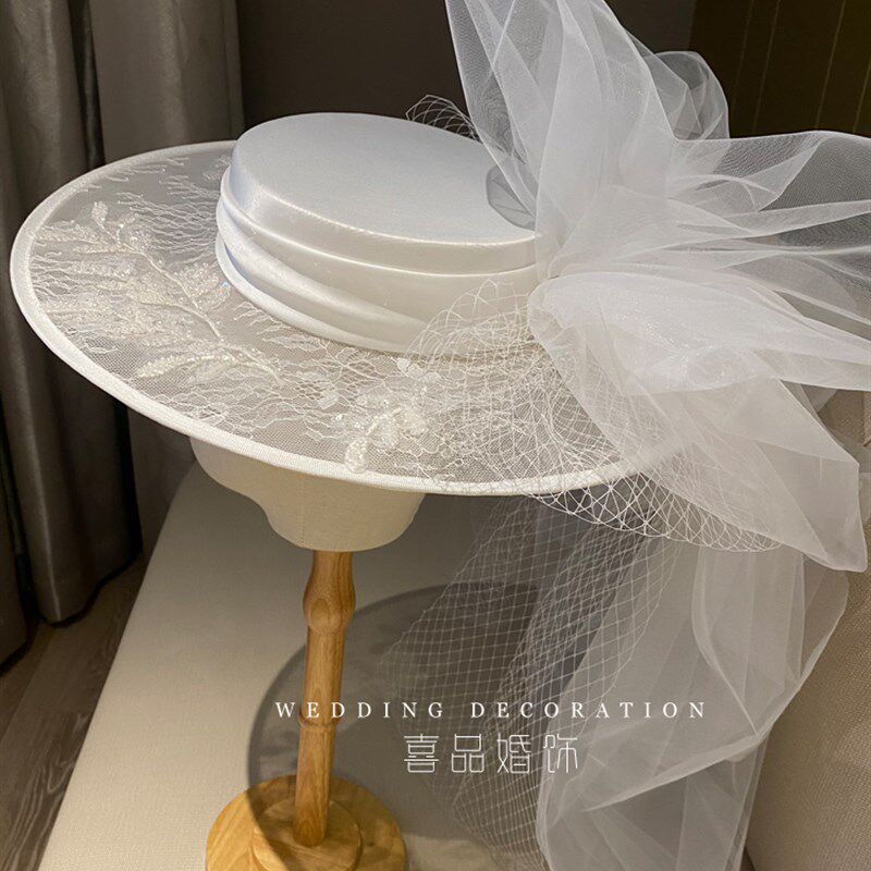 喜品新娘法式优雅白色蕾丝网格连纱大片外景影楼演出拍照礼帽子女
