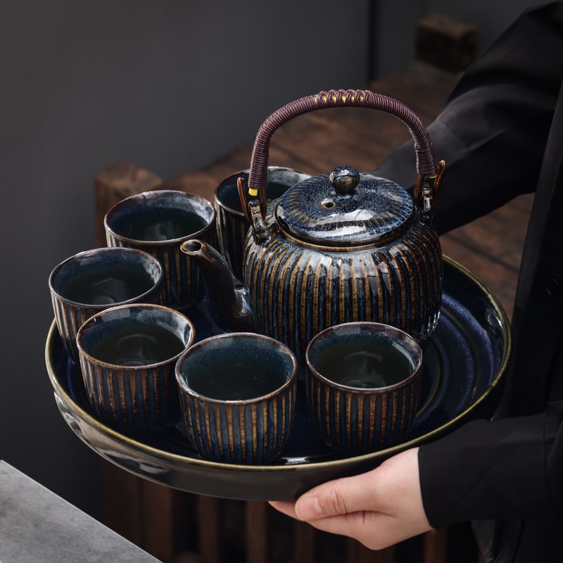 窑变陶瓷茶壶复古功夫茶具家用提梁壶大容量冷水壶带过滤茶盘茶杯