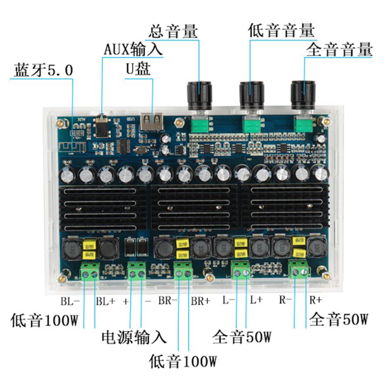 TPA3116D2蓝牙5.0数字功放板四声道2*50W+2*100W发烧高清双重低音