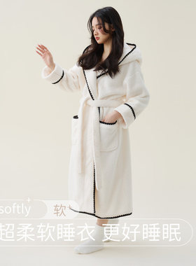 暖绒秋冬季女士睡袍珊瑚绒睡衣加长加厚新款浴袍连帽冬天浴衣晨袍