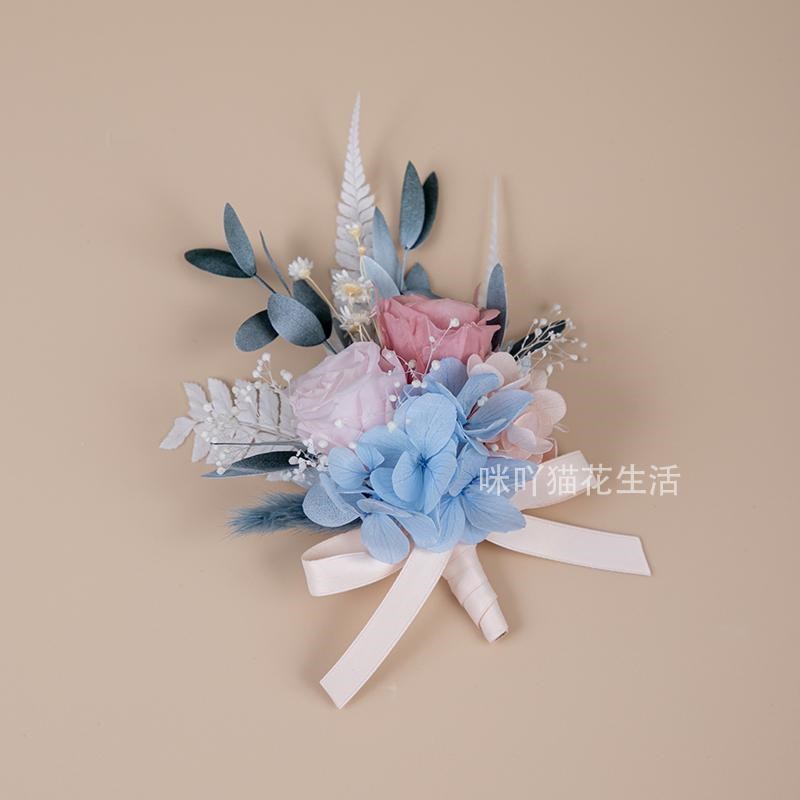 真花粉蓝色新郎结婚胸花新娘手腕花 永生花玫瑰甜美草坪婚礼襟花