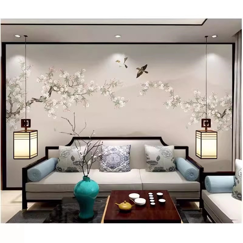 新中式电视背景墙壁纸海棠工笔花鸟图壁纸立体无缝卧室墙布3d壁画
