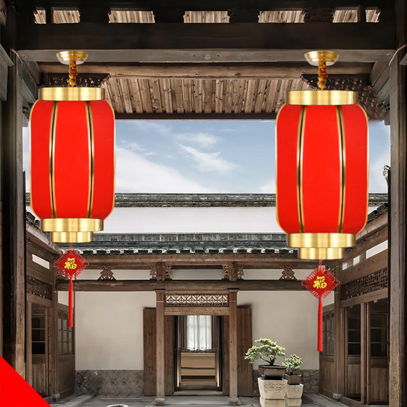 太阳能全铜大红玻璃结婚吊灯中国风阳台大门口防水小灯笼2023新款