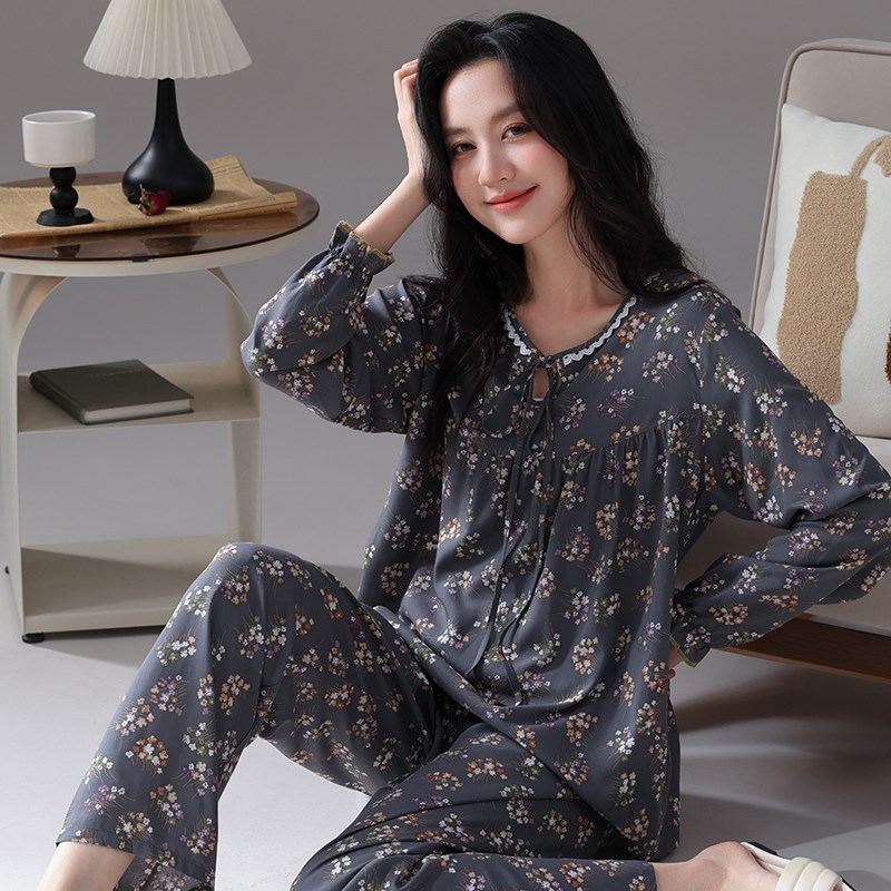 棉绸睡衣女士春秋款时尚洋气长袖长裤家居服可爱甜美外穿绵绸套装