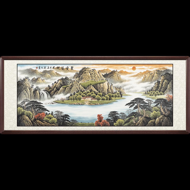 纯手绘山水画新中式客厅挂画国画办公室沙发背景墙装饰画聚宝福地