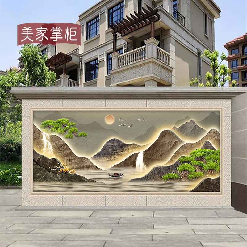 新中式3d立体假山别墅庭院背景墙山水画瓷砖迎门墙景观池瓷砖照壁