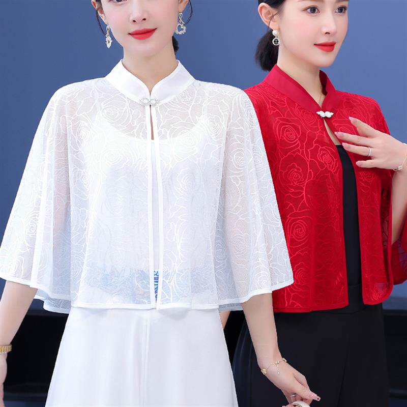 中式旗袍披肩女外搭夏薄款配裙子蕾丝斗篷小坎肩黑色云肩防晒披风
