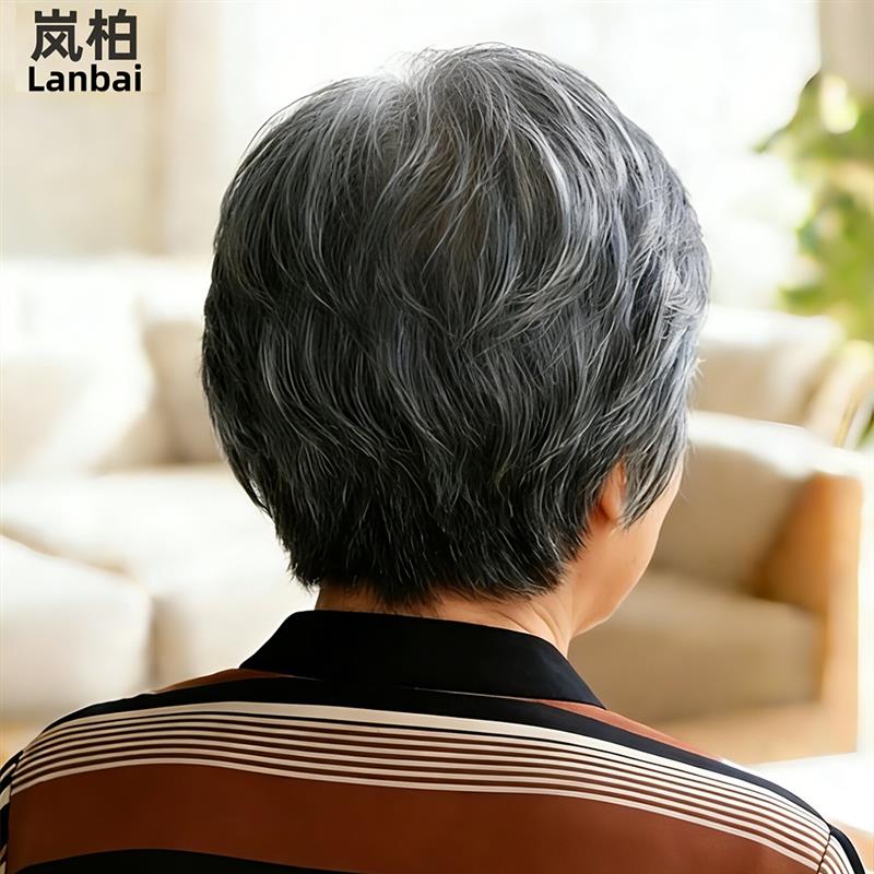 中老年假发女短发妈妈款真头发透气女士花白奶奶假发套全真发轻薄