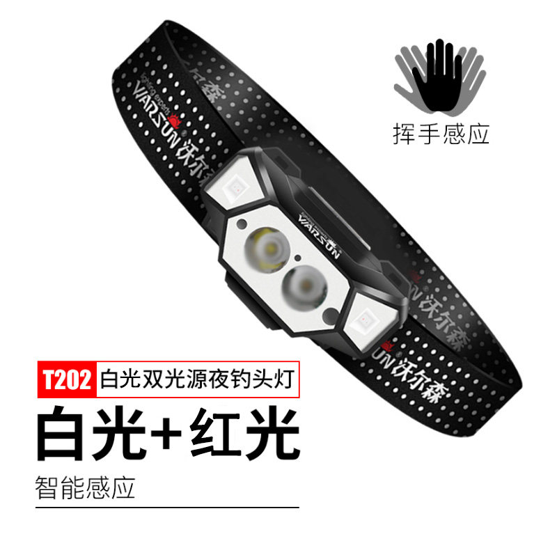 沃尔森T101强光感应头灯钓鱼充电头戴式电筒双光超亮锂电超长续航
