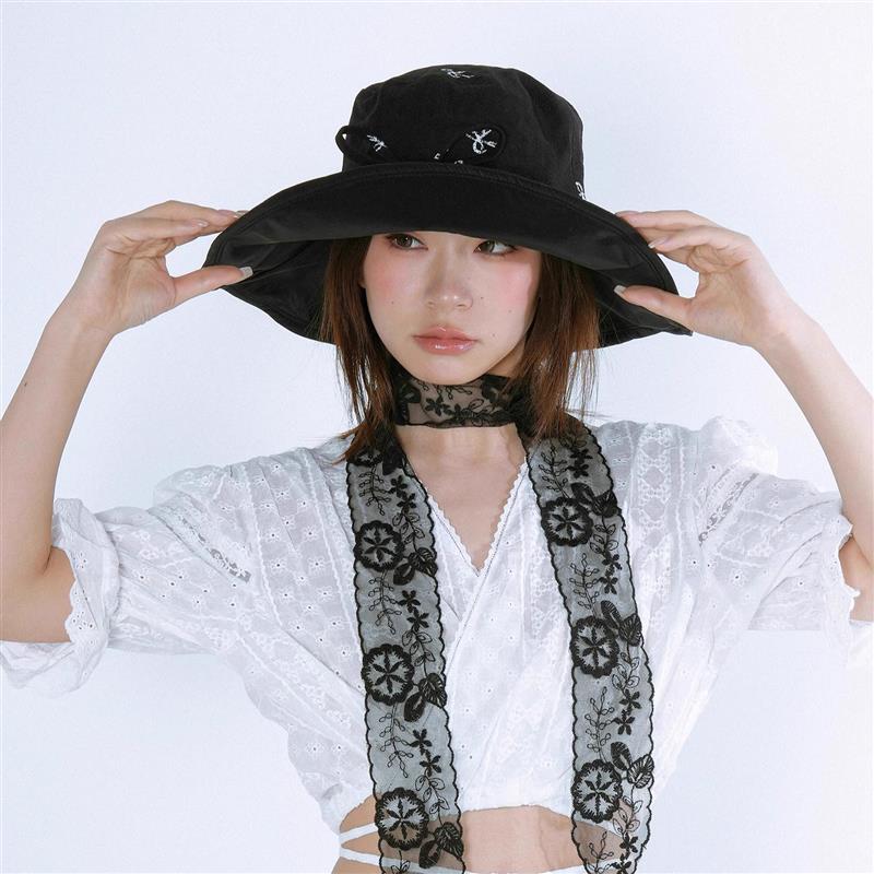 PANCY甜美少女蝴蝶结防晒帽可爱大檐渔夫帽白色遮阳帽休闲可折叠