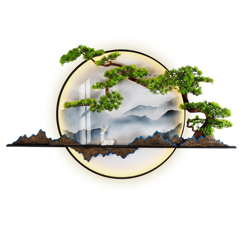 迎客松装饰画圆形立体灯光壁挂过道背景墙壁灯画入户玄关茶室挂画