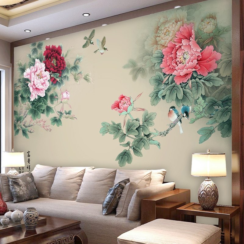 国画牡丹花电视背景墙壁纸3d新中式客厅沙发卧室影视墙纸花鸟墙布