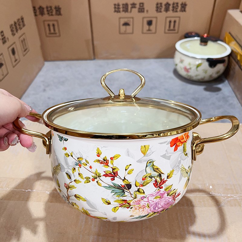 20cm汤锅花鸟搪瓷珐琅搪瓷汤锅双耳加厚炖锅煮食平底锅电磁炉