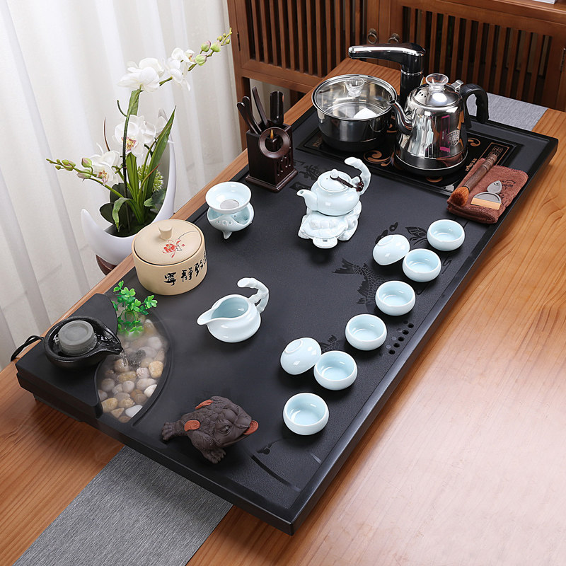轻奢茶具套装家用客厅简约一体全自动整套功夫茶台茶海乌金石茶盘