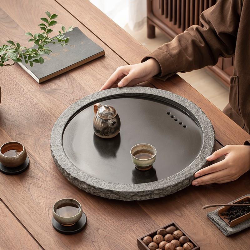 整块乌金石茶盘天然圆形茶海现代创意茶台家用办公简约带排水托盘
