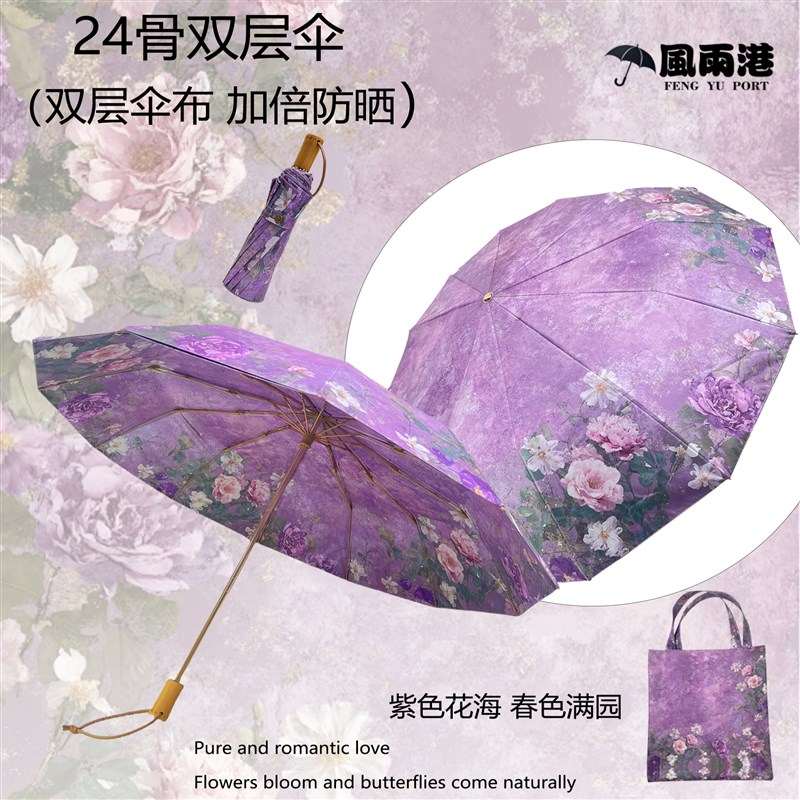 24骨金杆金架结实抗风双面双花双层黑胶晴雨两用伞女生遮阳防晒伞