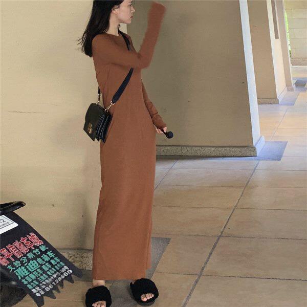 超长到脚踝针织连衣裙 螺纹长袖过膝内搭长裙 春秋薄款直筒打底裙