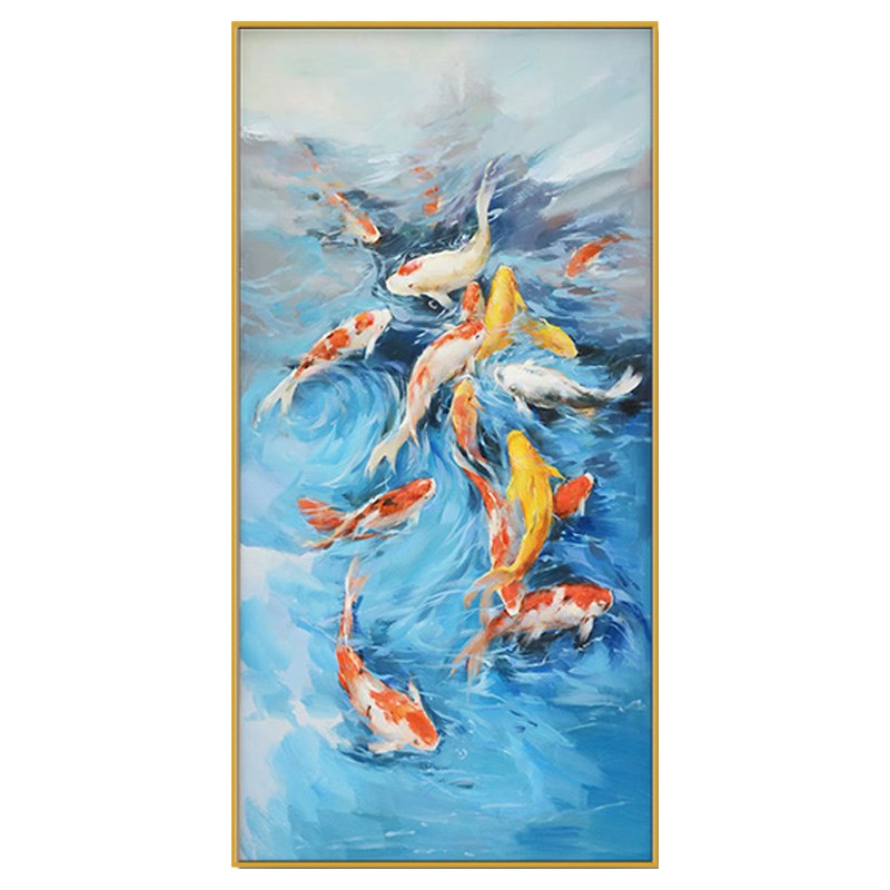 纯手绘玄关装饰画 画九鱼图走廊竖版过道挂画 画新中式壁画 画客