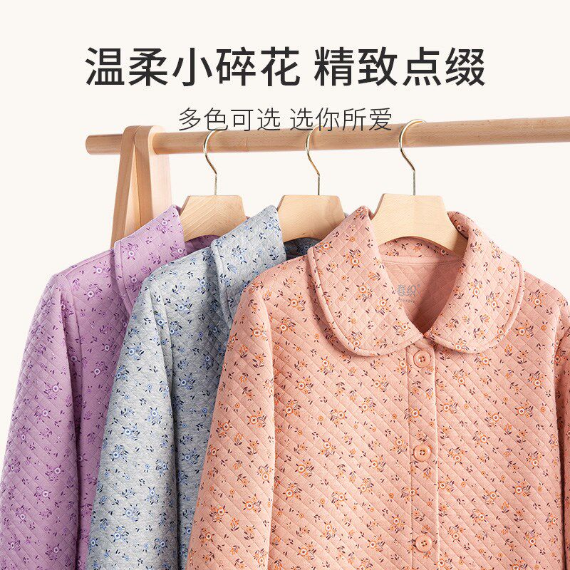 春织妈妈睡衣睡裤女夹棉加厚中老年保暖家居服套装老人开衫内衣冬