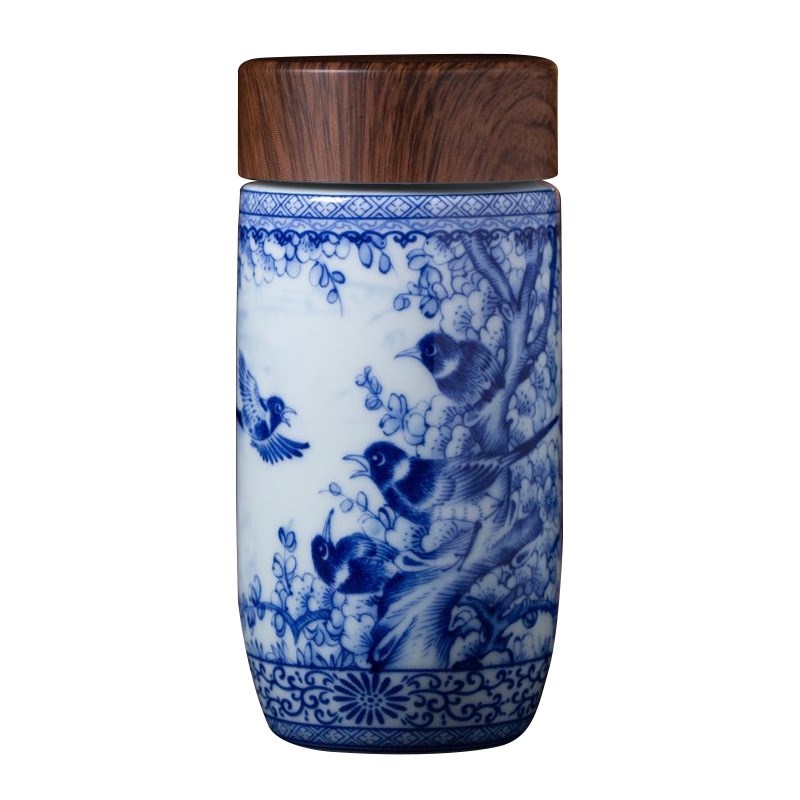 景德镇陶瓷仿古泥青花喜上眉梢保温杯大容量随手杯带盖便携式水杯