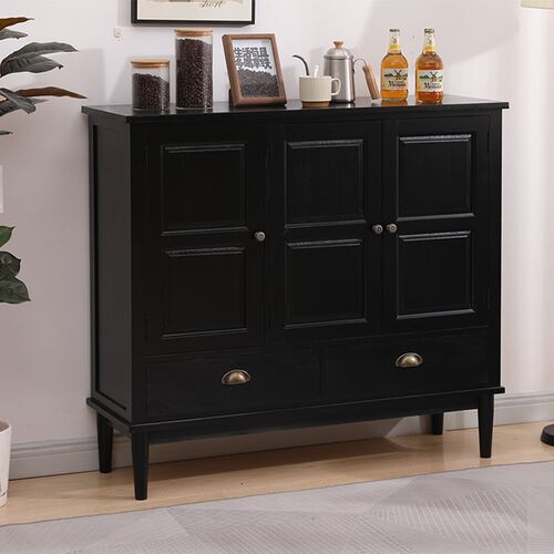 斗柜餐边柜实木简约复古收纳储物柜酒柜客厅靠墙黑小柜子高柜带门