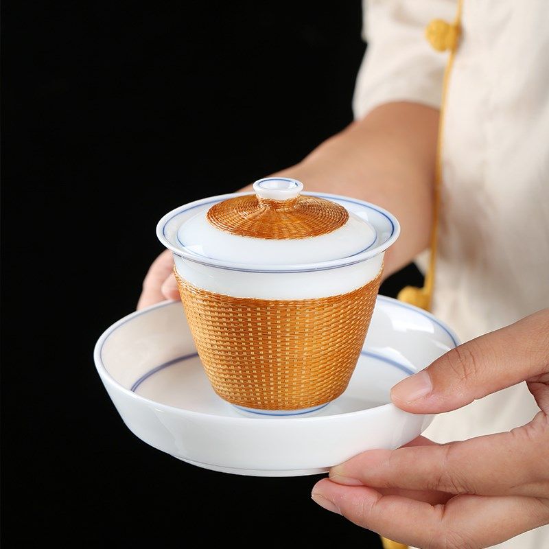 新中式竹编竹丝扣瓷茶杯白瓷盖碗套装家用竹编杯子功夫茶具主人杯