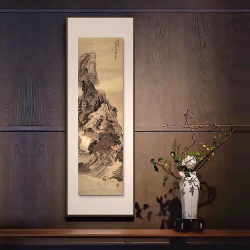 新中式入户玄关背景墙挂画碧泉松风图别墅走廊过道多联组合装饰画
