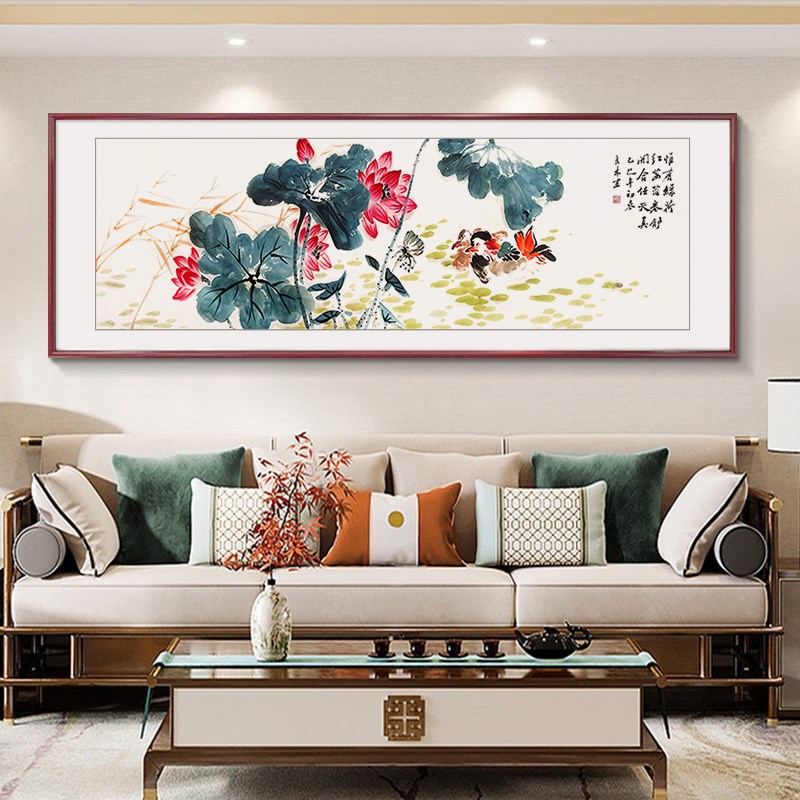 新中式水墨荷花客厅装饰画沙发背景墙挂画纯手绘写意国画卧室壁画