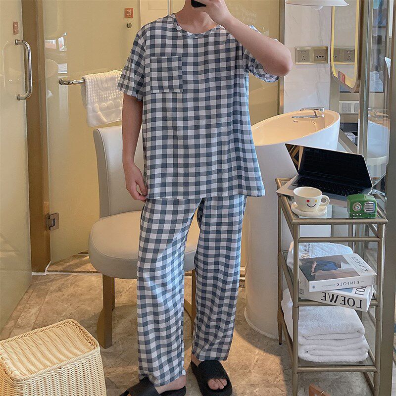 格子男士睡衣夏款圆领套头短袖气质棉绸家居服宽松可外穿棉绸套装