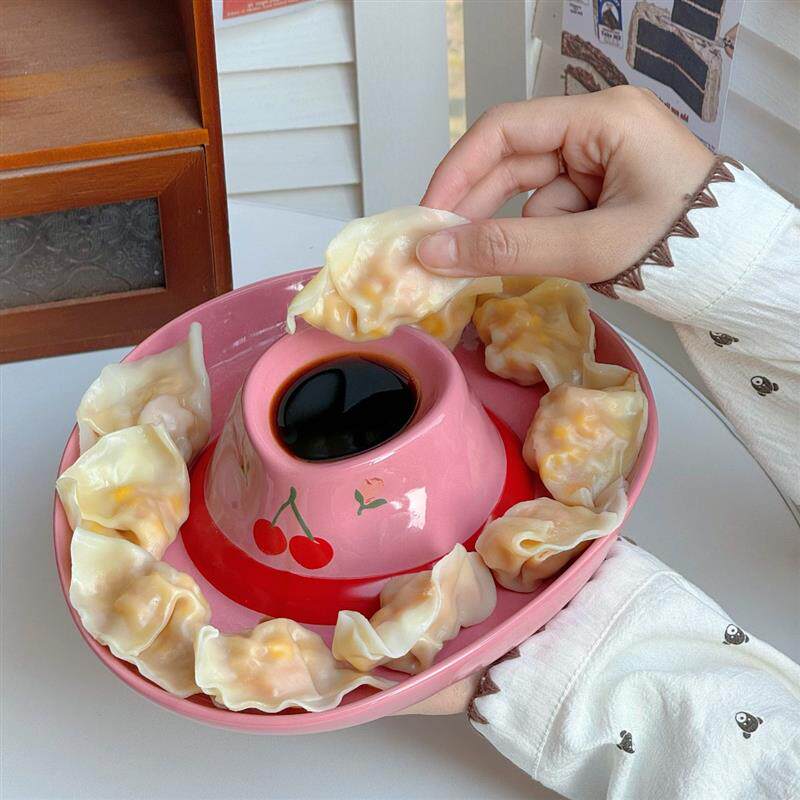 牛仔帽水饺盘带醋碟分格餐盘高颜值食品级陶瓷盘创意少女心家用