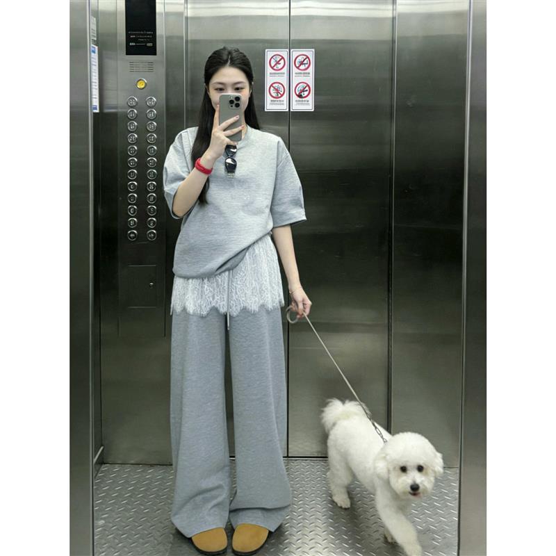 孕妇套装夏季宽松短袖上衣设计感蕾丝屁帘阔腿裤两件套孕妇女夏
