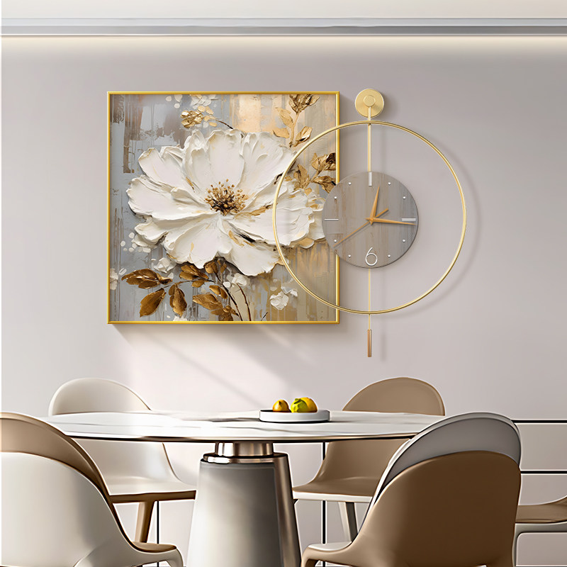 现代轻奢饭厅装饰画抽象花卉饭厅壁画带钟表摇摆餐桌墙面组合挂画