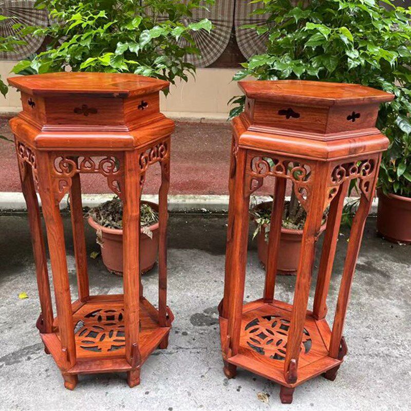 缅甸花梨木六角花架落地式红木花几现代中式住宅家具摆件客厅室内