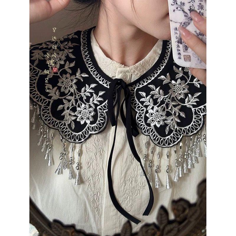 中式云肩苗族马面裙明制汉服配饰衬衫假领子复古流苏夏季薄款披肩