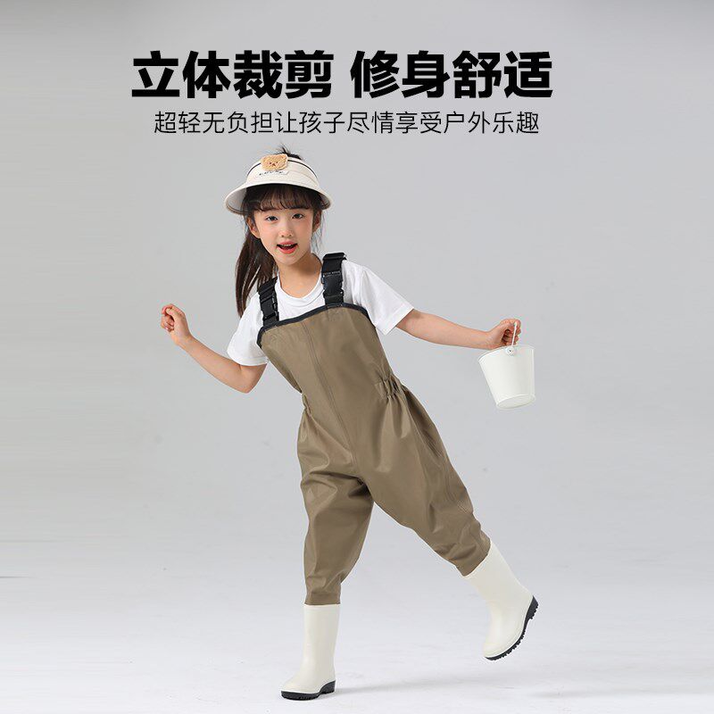 儿童玩水连体下水裤幼儿园连体防水衣服赶海装备男女沙滩雨裤雨鞋