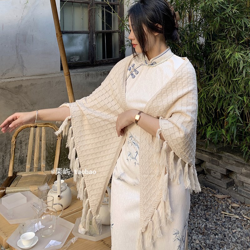 民国风复古文艺针织旗袍披肩女外搭搭配汉服宴会礼服春秋三角披巾