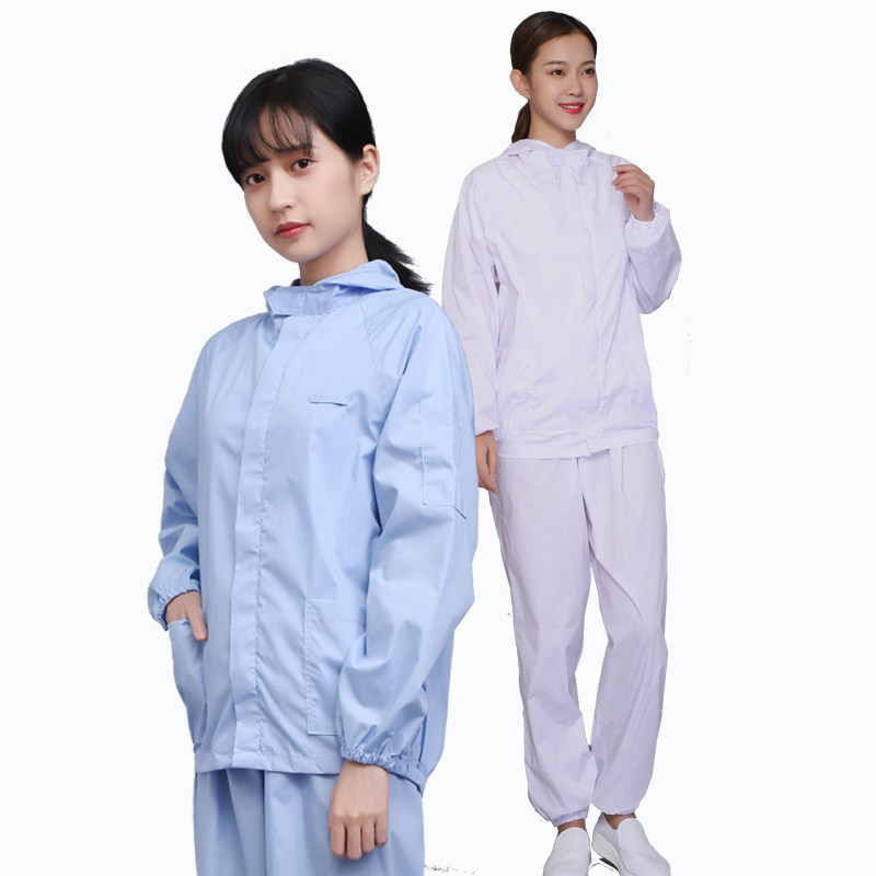 食品工厂工作服长短袖生产车间工服春夏秋透气白蓝连帽分体服套装