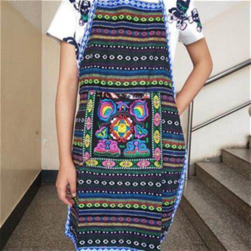 云南民族风围裙加厚棉麻餐厅工作服围裙绣花围腰服务员围裙围腰