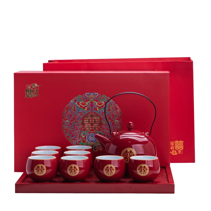 结婚茶具套装敬茶碗茶杯陶瓷红色婚庆用品送礼陪嫁改口杯新婚礼物